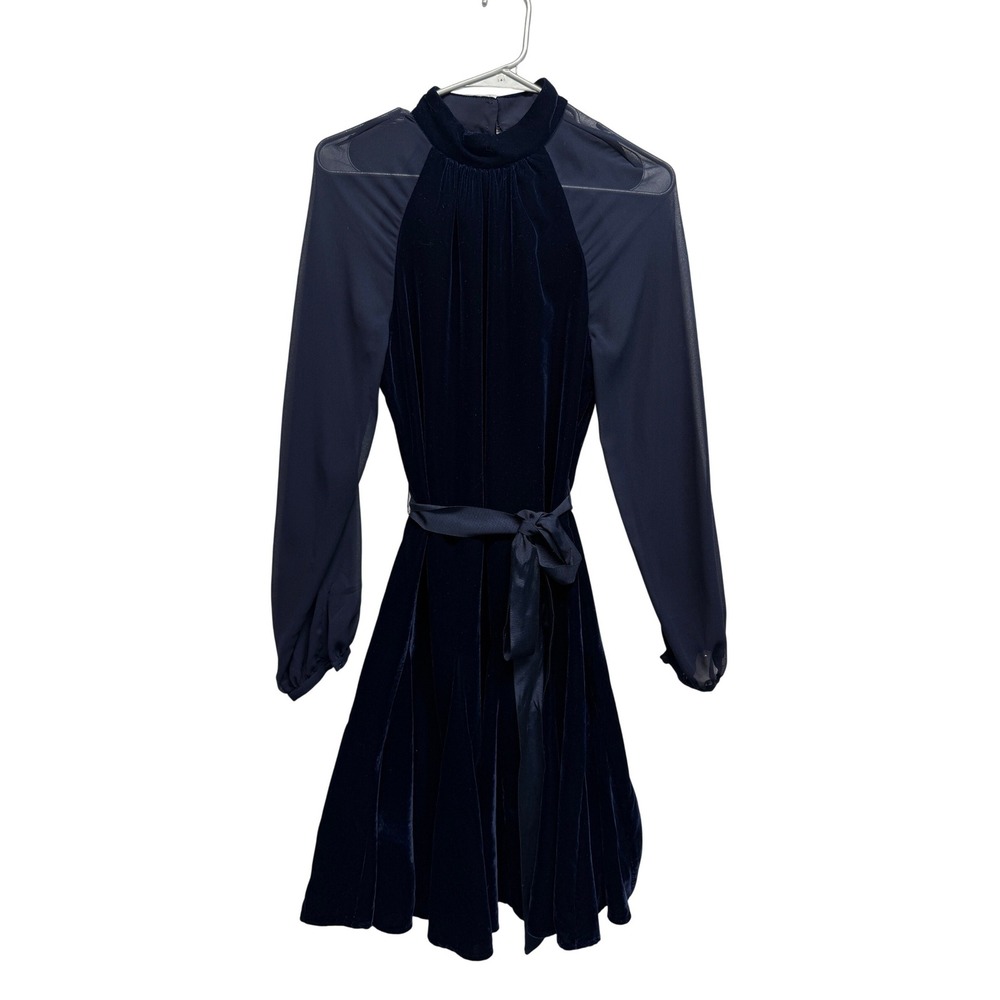WHBM Navy Blue Velvet Mock Neck Mini‎ Dress Sheer Chiffon Tie Waist Dark